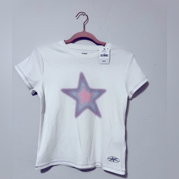 NEW Cotton On White Graphic Tee with star pink purple size XS relaxed fit - Picture 2 of 4